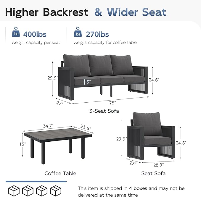UDPATIO Aluminum Patio Furniture Set with Coffee Table, 4 Piece Modern Aluminum Outdoor Furniture, Patio Conversation Sets with Thickend Cushions and PE Rope, for Garden, Porch, Balcony, Black Grey