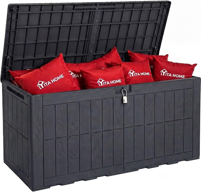 YITAHOME 134 Gallon Large Deck Box, Waterproof Resin Outdoor Storage Box with Lock, Doubles as 2-Person Bench Seating for Patio Furniture Cushions,Garden Tools & Pool Accessories, Dark Gray