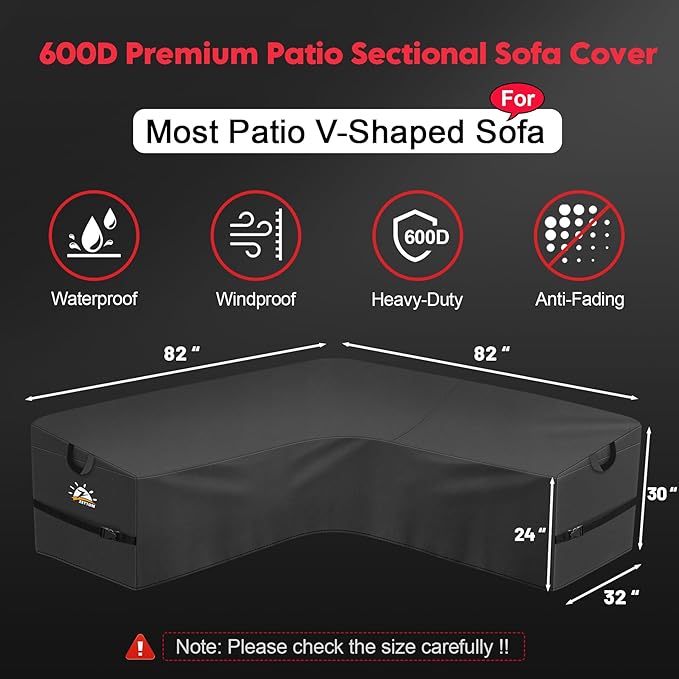 Zettum Outdoor V-Shaped Sectional Cover - 600D Patio Sectional Sofa Cover, Waterproof & Heavy Duty Patio Furniture Covers for Outdoor Sectional Sofa and Couch, 82x82 Inch Wide