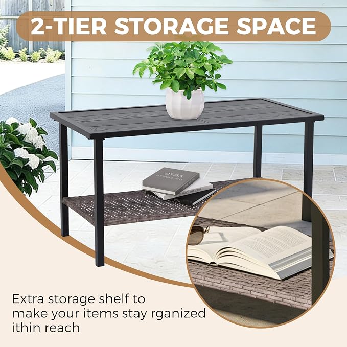 COOS BAY Sunset Haven Outdoor Patio Coffee Table, Rectangle Outdoor Coffee Table with Double-Tier Storage, Wicker Patio End Table, 35.4"x18.1"x18.5", Brown