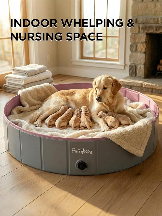 Furrybaby Dog Pool, Kiddie Pool with Hard Plate Collapsible Pet Bath Foldable Swimming Pet Pool Portable Pink 40''