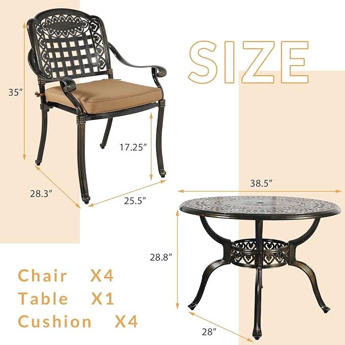 5-Piece Outdoor Patio Dining Set, All-Weather Cast Aluminum Patio Furniture Set for Backyard Garden Deck with 4 Chairs, 4 Cushions and 38.5" Round Table, 2" Umbrella Hole