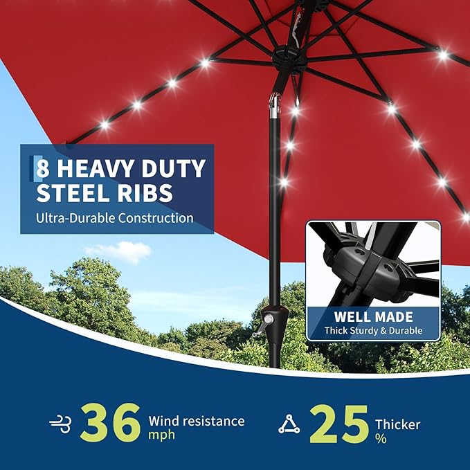 Garvee 9/10 FT Solar Patio Umbrella with 32 LED Lights - Outdoor Table Umbrella with Crank Lift, Push Button Tilt and 8 Sturdy Ribs - Market Umbrella UV Protection for Pool, Deck, Yard, Garden