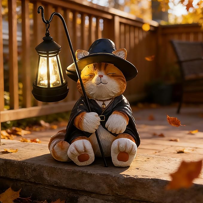 Decorative Solar Lights Garden Cat Statue Outdoor Figurine Light Themed Wizard Cat Lantern for Garden Decoration Outdoor Decor