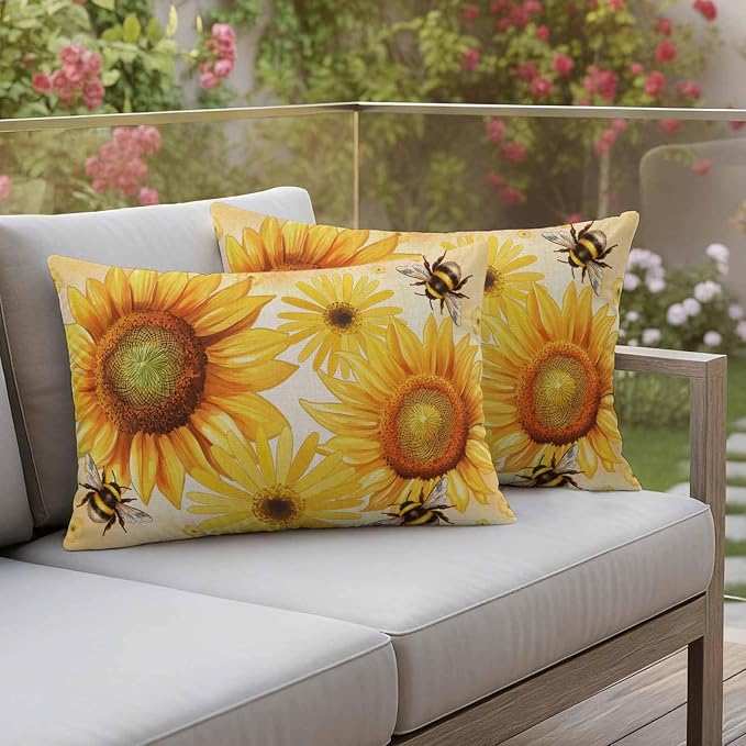 Outdoor Throw Pillow Covers,Farmhouse Sunflower Bee on Linen Waterproof Decorative Pillowcases Cushion Cover Retro Pastoral Yellow Flower Pillow Cases for Patio Couch Sofa Bed,20x12in Set of 2