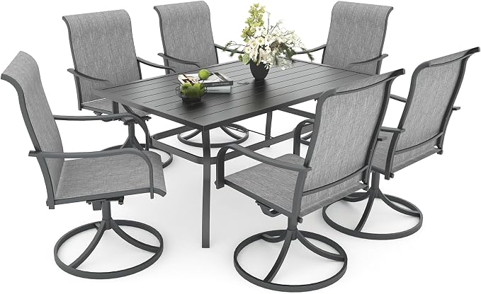 Anmutig 7-Piece Outdoor Patio Dining Set with 6 Swivel Chairs, Outdoor Furniture 6 Dining Swivel Chairs and Steel Frame Slat Rectangular Table with 1.57" Umbrella Hole for Backyard, Grey