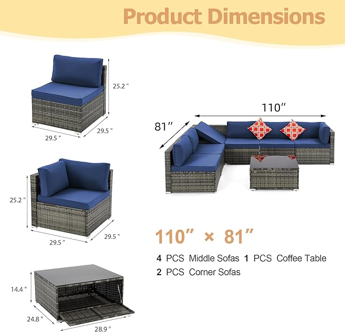 7 Piece Patio Furniture Set with Adjustable Bracket Wicker Rattan Patio Conversation Sets Outdoor Sectional Sofa Set with Wood Table and Cushions for Porch Lawn Garden, Navy Blue