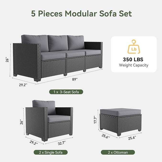 Aoxun Patio Furniture Set, 5 Piece Outdoor Sectional Sofa with Ottomans, Wicker Outdoor Furniture Conversation Sets with Waterproof Cover for Backyard Grey