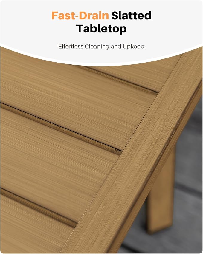 Patio Coffee Table, Never-Rust Aluminum Outdoor Coffee Table with Wood Grain Texture, Modern Rectangle Garden Coffee Table with Slatted Tabletop for Porch, Decks, Indoor, Balcony, Teak