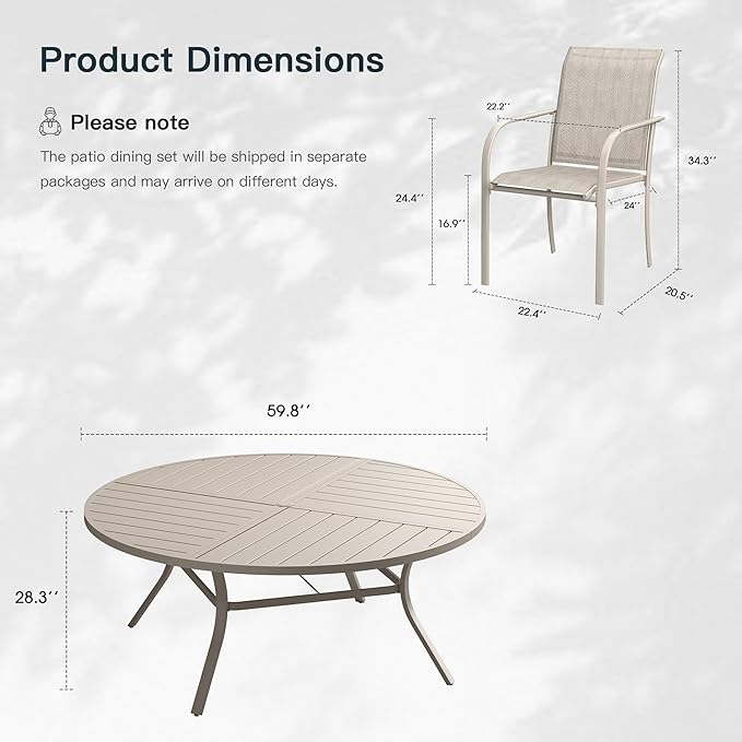 VICLLAX 11 Pieces Patio Outdoor Dining Set, 60" Large Round Metal Table with Umbrella Hole and 10 Stackable Textilene Chairs for Patio, Lawn, Garden, Porch, Sandshell