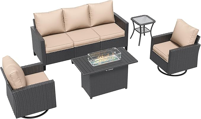 Amopatio Patio Furniture Set, 5-Piece Wicker Outdoor Sectional Sofa with Swivel Rocker Chairs, Rattan Conversation Set with Fire Pit Table and Waterproof Cover for Backyard Black/Khak