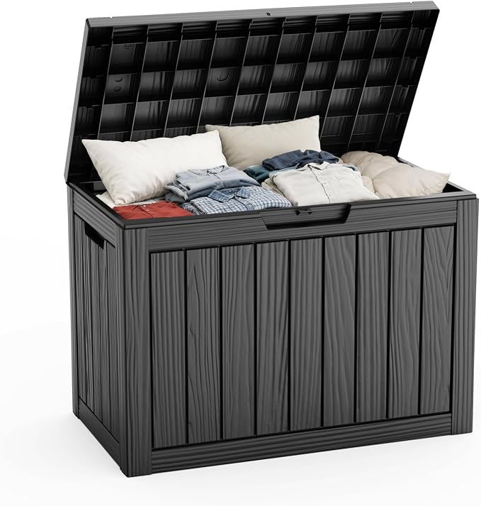 Pepe Tee Waterproof Resin Deck Box, Outdoor Storage Bin for Patio Furniture Cushions, All-Weather Garden Organizer & Seating Bench, Black