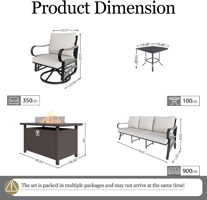 9-Piece Outdoor Furniture Set, Metal Swivel Rocking Chairs with All-Weather Cushions, Patio Conversation Set with Fire Pit Table for Deck, Porch, Garden, Backyard, Poolside (Beige Cushions)