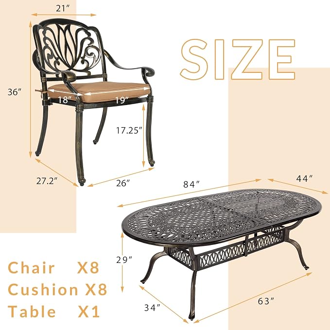 9-Piece Patio Dining Set, Outdoor Patio Table and Chair Set of 84” Oval Cast Aluminum Dining Table with Umbrella Hole and 8 Outdoor Dining Cushion Chairs, Patio Funiture Set for Lawn Garden