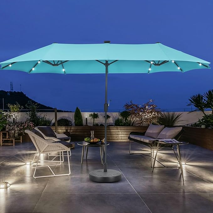 13 ft Patio Umbrella with 36 LED Lights, Large Rectangle Outdoor Solar Umbrella with Matching Base, Strap, Crank, Blue