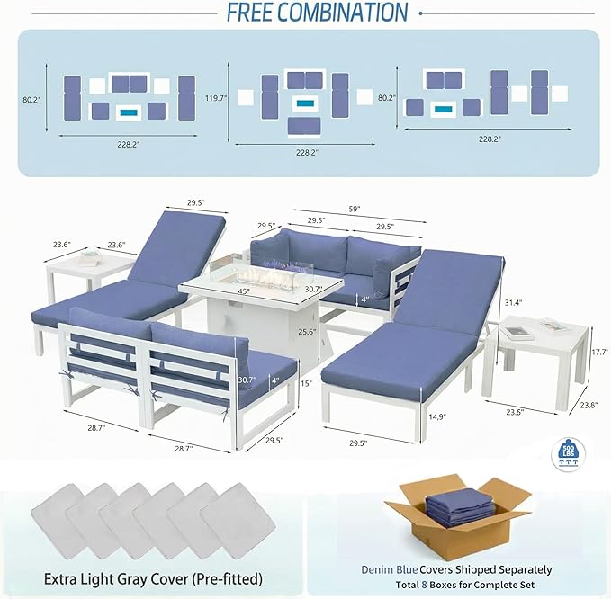 NICESOUL 9 Pcs Oversized Modern Aluminum Patio Furniture Set, All Weather Modular Sectional Sofa with Chaise & Fireplace, 500 lbs Heavy Duty Comfortable Outdoor Couch for Poolside Backyard, Denim Blue