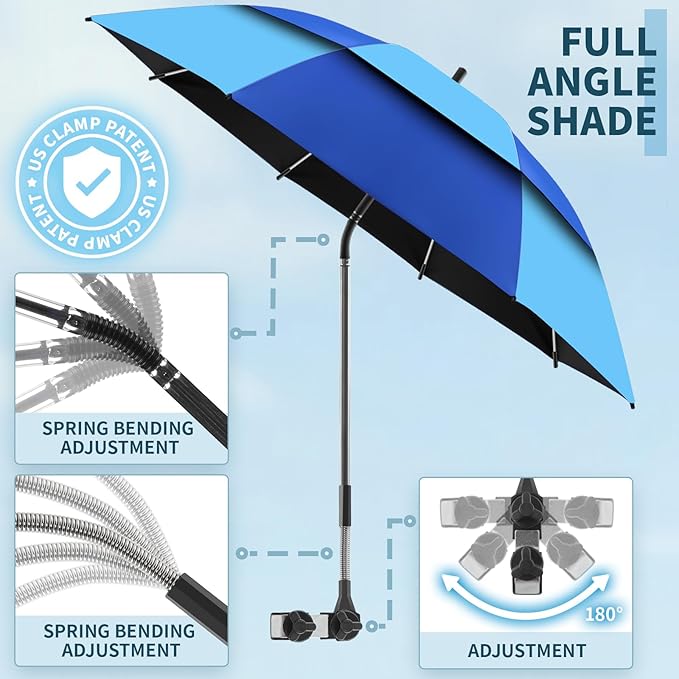 48.6" Double Canopy Beach Umbrella with Clamp, UPF50+ Beach Chair Umbrella with clip, 360°Adjustable Portable Outdoor Wheelchair, Patio, Golf Carts,Camping(Blue/Light Blue)