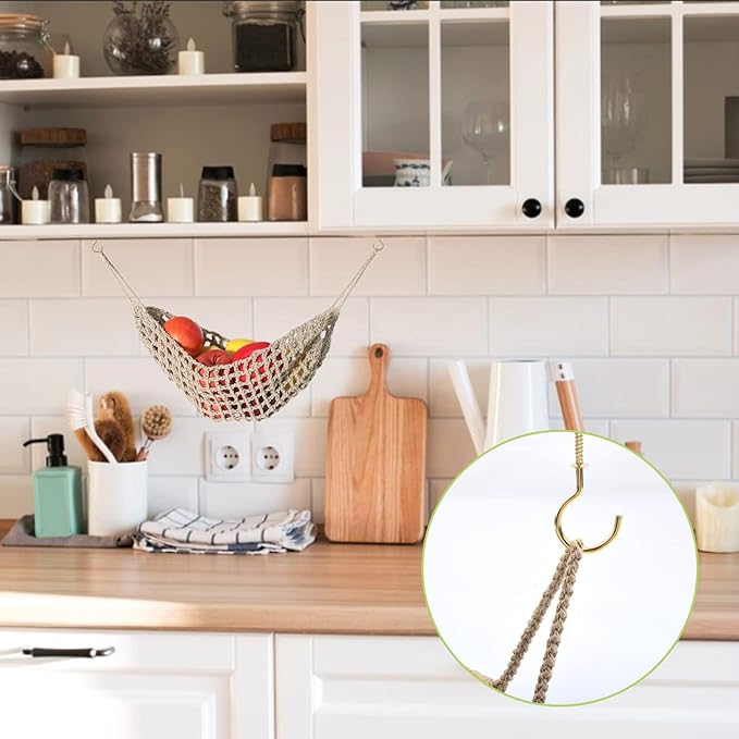 Fruit Vegetable Hammock, Handmade Macrame Fruit Hammock Cotton Fruit Holder Net Under Cabinet Fruit and Veggie Storage Space Saving Kitchen Decor with Hooks