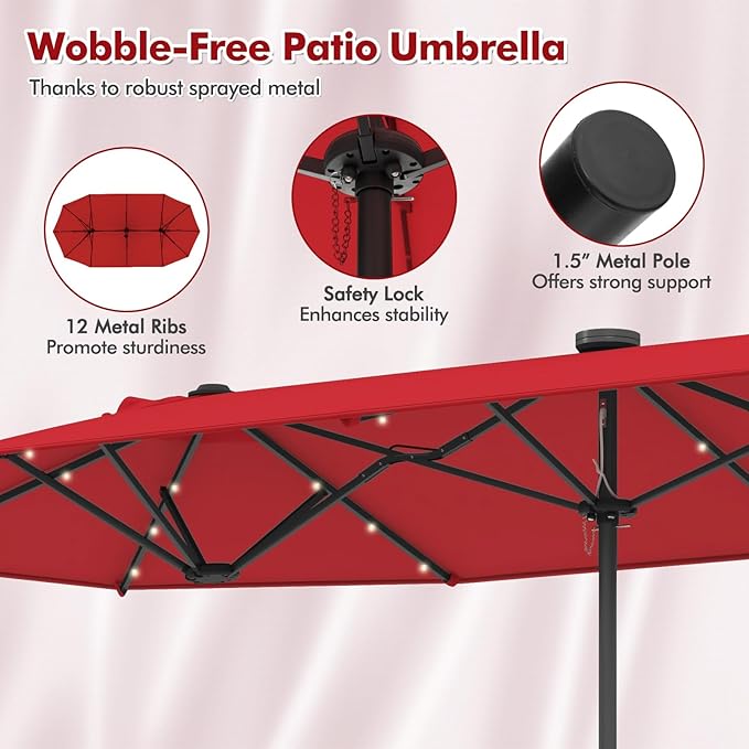HAPPYGRILL Double-Sided Patio Umbrella with Solar Lights, 13FT Large Umbrella with Base Included, Crank Handle, Market Twin Table Umbrella for Outdoor Backyard Garden Poolside
