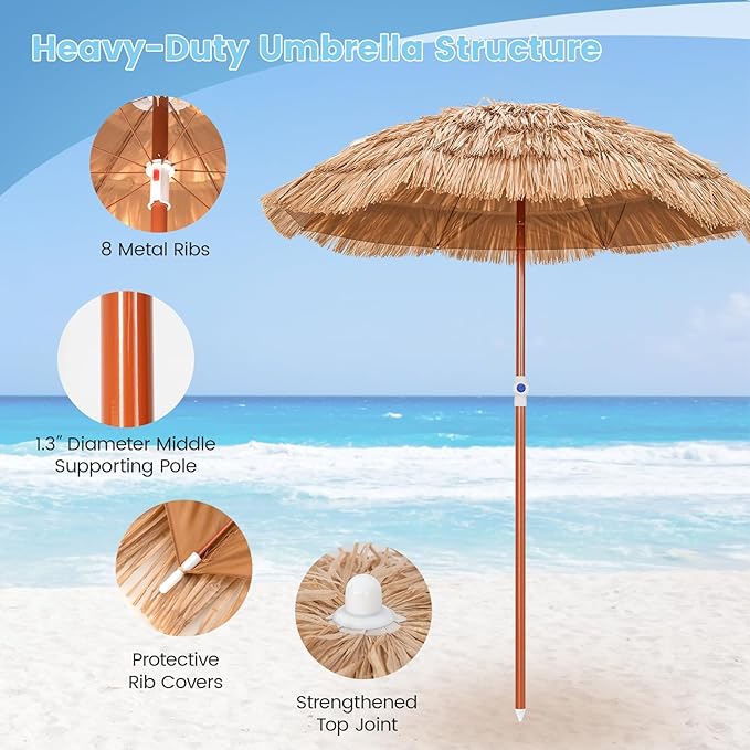 Tangkula 6FT Tiki Patio Umbrella, Hawaiian Style Thatched Market Table Umbrella with Carrying Bag, Tilt Design, 8 Ribs, Tropical Outdoor Umbrella for Beach Patio Garden Pool Backyard (1, Natural, 6 Ft)