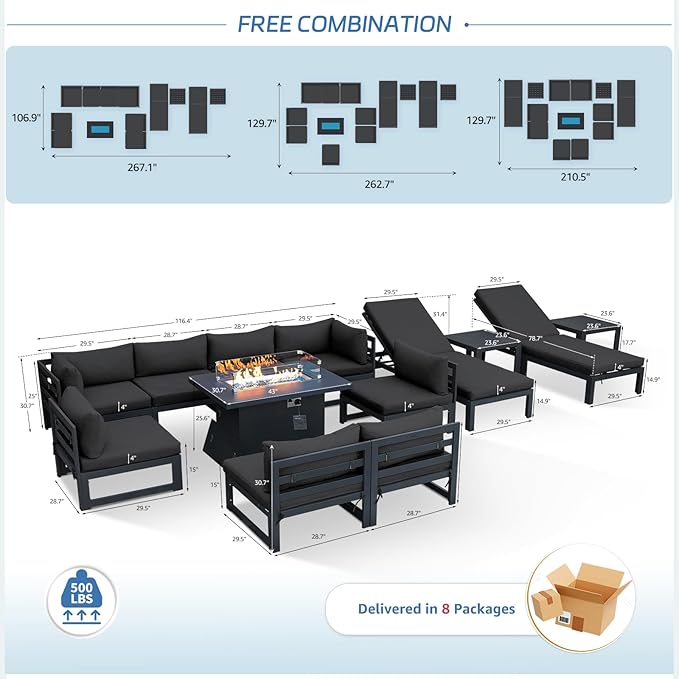 NICESOUL 13 Pcs Large Contemporary Aluminum Outdoor Furniture Set with Chaise Lounge & Fire Pit Table, 29" Deep Wide Couch Set, 500 lbs Heavy Duty Comfy Patio Sectional Sofa for Poolside, Dark Gray