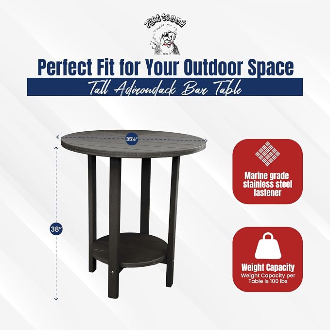 Phat Tommy Round Bar Height Patio Table - Outdoor Bar Table - Balcony Height Patio Furniture for Your Deck - Poly Outdoor Furniture, Black