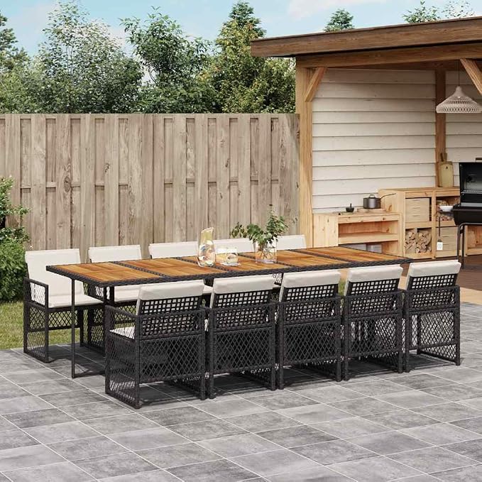 11-Piece Garden Dining Set with Acacia Wood Table and 10 High Back Poly Rattan Chairs, Black and Cream White for Patio Backyard