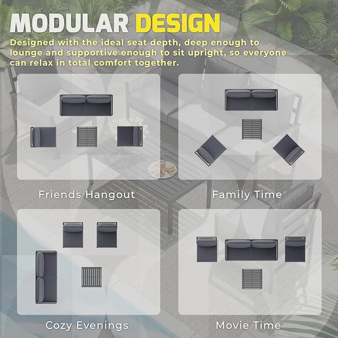 AECOJOY Aluminum Patio Furniture Set 8 Seats Outdoor Sectional Couch with Coffee Central Table Patio Conversation Sets for Porch Deck (Dark Grey, 8PCS, 8 Seat)