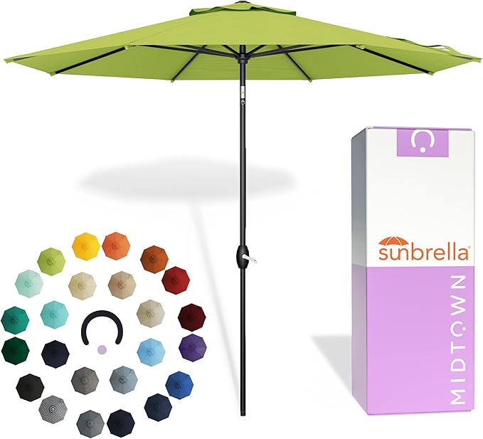 Midtown Umbrellas - The Lean 8 Ft Patio Umbrella with Fade-Resistant Sunbrella Fabric, Auto-Tilt Aluminum Frame and 8 Reinforced Ribs for Deck, Pool & Garden - Macaw Canopy, Black Pole