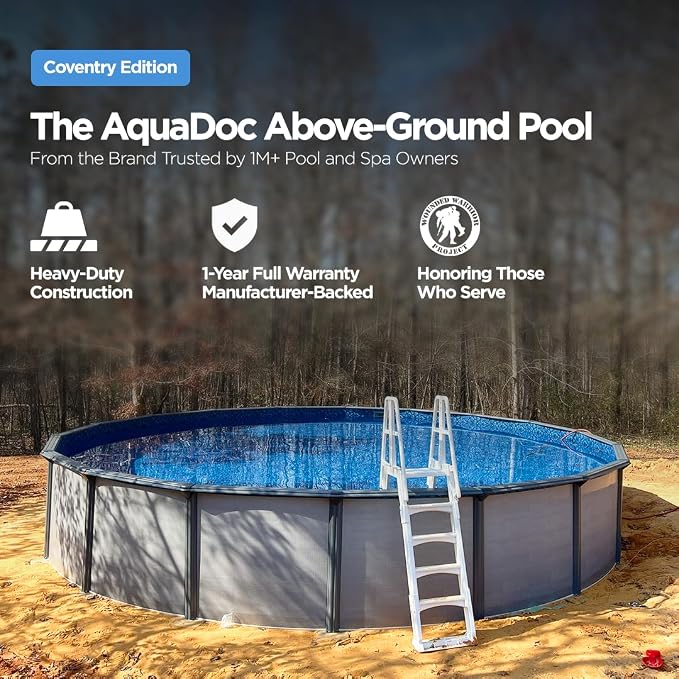 AquaDoc Coventry Round Steel Wall Above Ground Pool Kit 15' x 52" in Pewter Gray Finish with Sand Filter, Ladder, Skimmer, 25 Gauge Liner, Floor Pad and Cove Elite Package - Made in North America