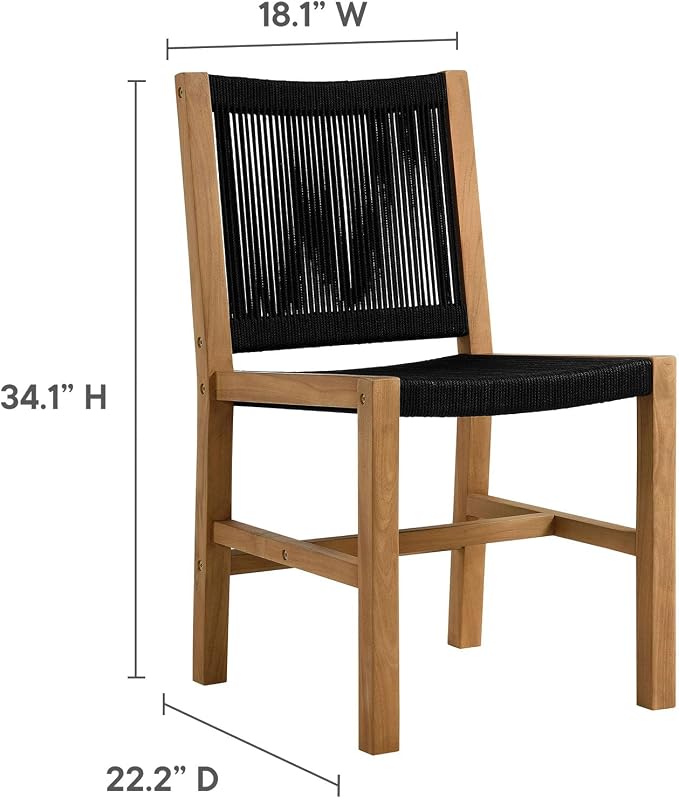 Modway Vienna Outdoor Patio Teak Wood 3-Piece Dining Set in Natural Black – Weather-Resistant Square Dining Table with Woven Rope Armless Chairs – Bistro Set for 2 – Chair Patio Set with Table