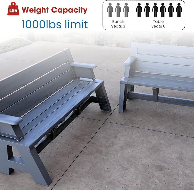Convert-a-Bench Gen 1 2-in-1 Outdoor Convertible Bench to Picnic Table | Space-Saving, Weather-Resistant Patio Furniture for Yard, Deck, Garden | Easy Assembly & Durable - 1 Bench/Order Platinum Gray
