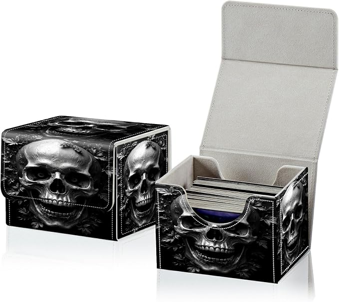 Card Deck Box for MTG, Cards Storage Box Fits 120+ Sleeved, Leather Small Size Strong Magnetic Closing Card Case for Board Games Magic TCG CCG Baseball Collection, Dark Skull