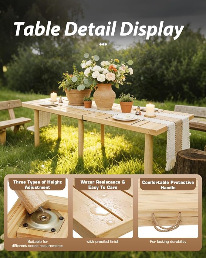 60" X 30" Boho Low Picnic Table, Portable Wooden Picnic Table with 3 Adjustable Heights, Natural Pine Wood Floor Table for Camping, Weddings, Beach & Family Gatherings, Seating for 6-8 People