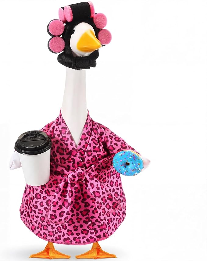 Shyyween Lady Porch Goose Outfit for 23'' Cement Plastic Lawn Goose Statue Clothes Pink Leopard Bathrobe Coffee Cup Curlers for Outdoor Garden Yard Patio Decoration