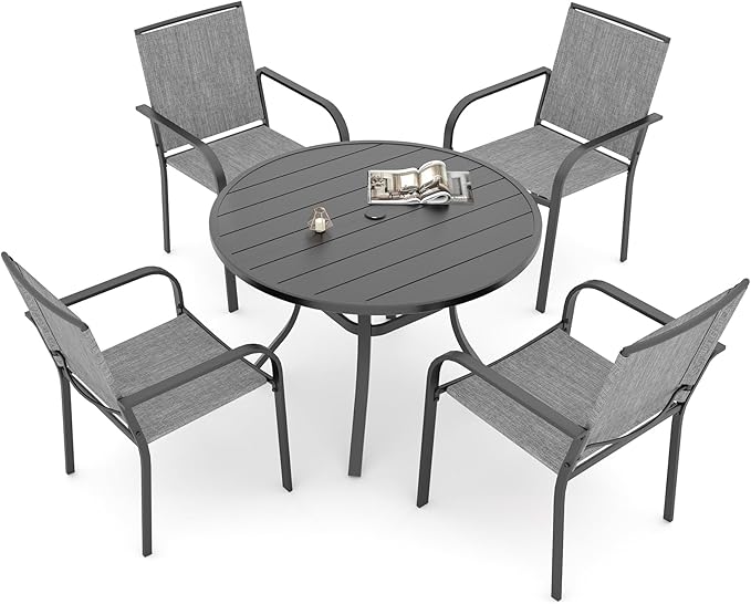 Anmutig 5 Piece Metal Round Patio Table and Chair Set, Outdoor Dining Set with 41" Table and 4 Grey Stackable Chairs