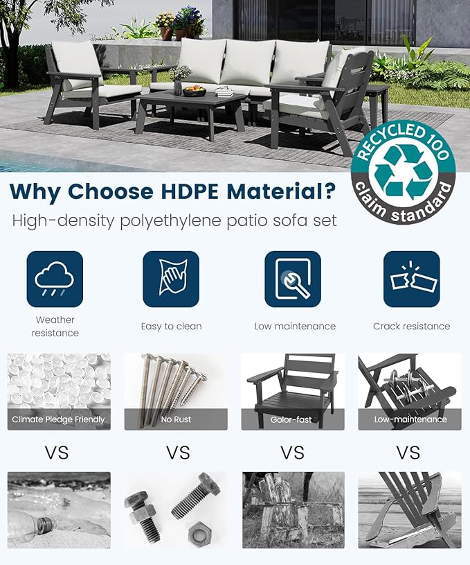 FOOWIN 7-Piece Patio Furniture Set, HDPE All-Weather Outdoor Conversation Set with Thick Cushions, Sectional Patio Sofa Furniture for Deck, Porch, Lawn, Garden, Grey Frame & White Cushion