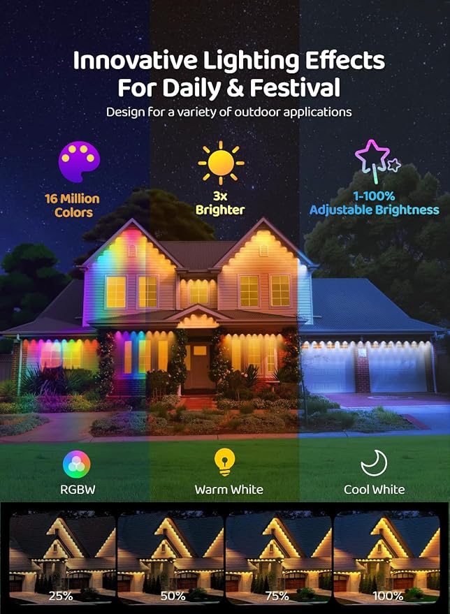 Gaoxun 100ft Permanent Outdoor Lights, RGBW Smart Eaves Lights with 36 LED, APP/Remote Control, Dimmable, 47 Scene Modes, DIY Modes, IP67 Waterproof Christmas Lighting for Daily Holiday Decorations