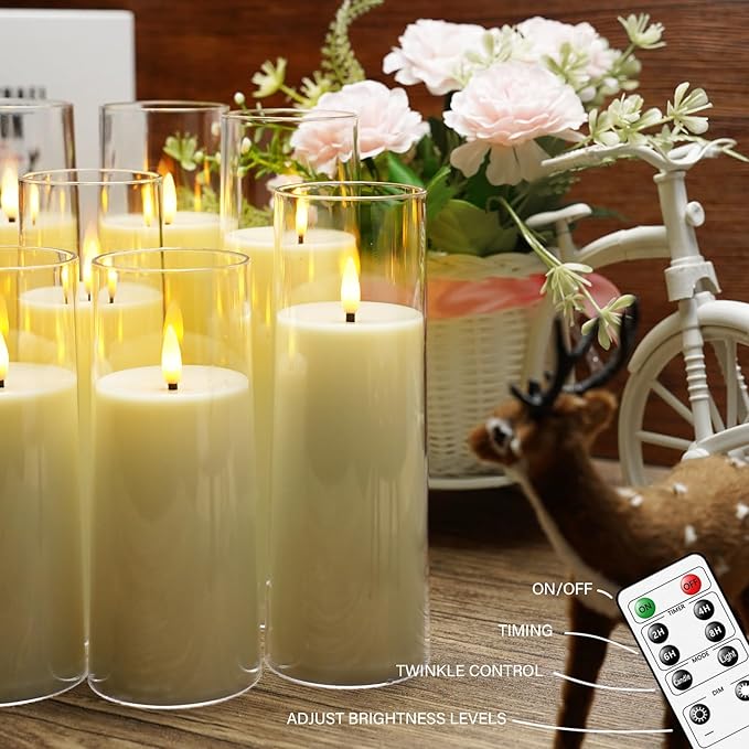 kakoya Flickering Flameless Candles Battery Operated with Remote and 2/4/6/8 H Timer Plexiglass Led Pillar Candles Pack of 9(D2.3 xH5.5 6.5" 7.5") with Realistic 3D Wick Candles for Home Decor(Ivory)