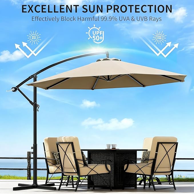 10ft Offset Hanging Market Patio Umbrella w/Cross Base, Outdoor Large Round Aluminum Cantilever Umbrella w/Easy Tilt Adjustment, Fade Resistant Waterproof 8 Ribs Canopy, for Yard, Garden & Dec