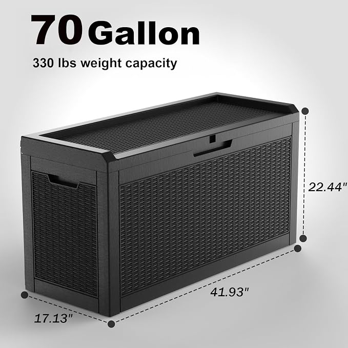 DRATO 70 Gallon Deck Boxes Outdoor Waterproof, Resin Large lockable Storage Box for Patio Furniture Side Table, Waterproof Storage Containers for Pool and Garden Accessories (70 Gallon, Black)