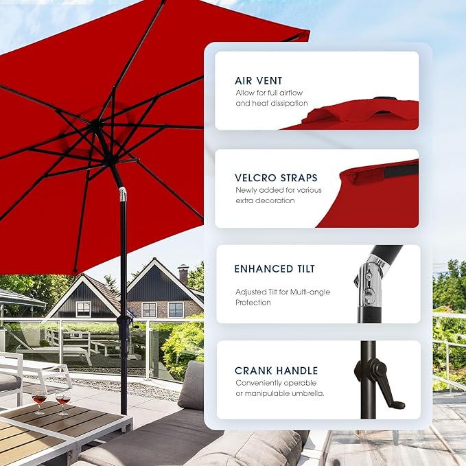 wikiwiki 9FT Patio Umbrella with Base, Outdoor Umbrellas with Base Included, 8 Sturdy Ribs, Waterproof Fade Resistant POLYESTER DTY Canopy for Deck, Lawn, Garden, Backyard & Pool, Red