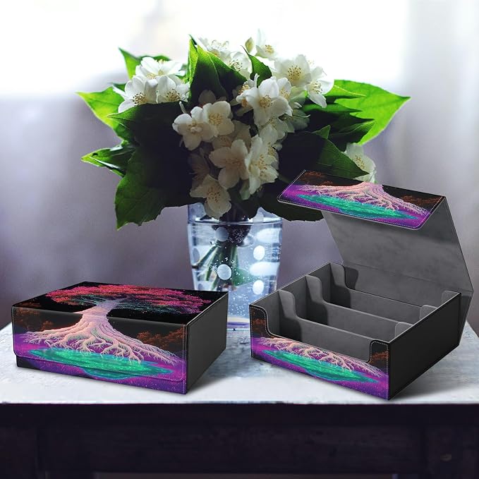 Large Card Deck Box for MTG, Fits 1200+ Sleeved Cards, PU Leather Storage Case with Strong Magnetic Closure, Multiple Colors Available for TCG CCG Baseball Card Collections, Pink Trees
