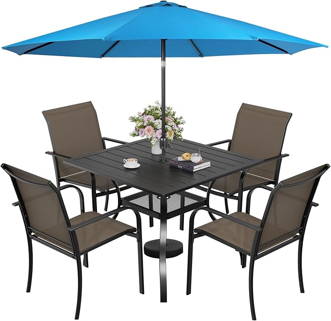 Incbruce 6 Pieces Patio Dining Set with Sky Blue Umbrella, Outdoor Dining Set of 4 Textilene Chairs and Square Table with Umbrella Hole for Backyard, Garden, and Poolside (Brown)