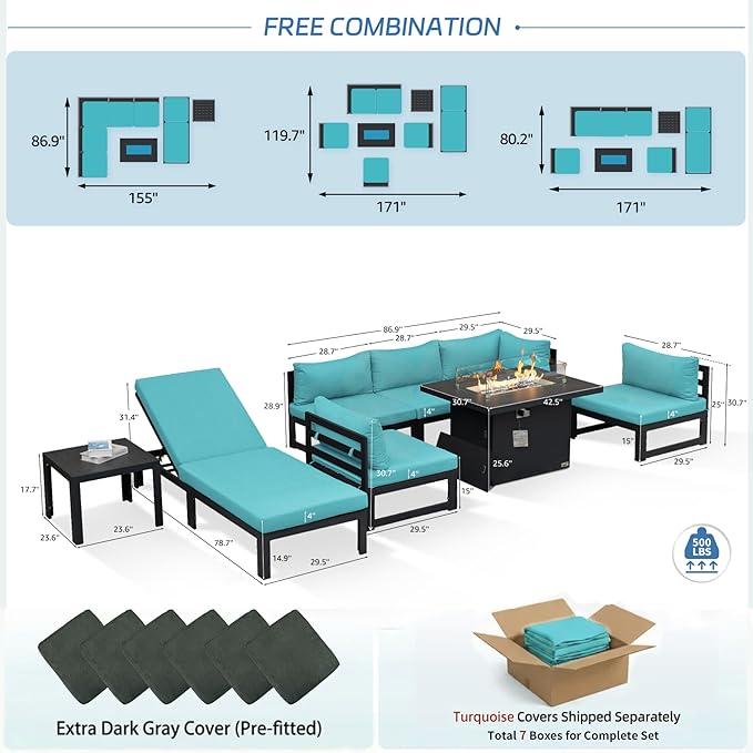 NICESOUL 8 Pcs Oversized Modern Aluminum Outdoor Patio Furniture Set with Lounge Chair & Fire Pit Table, 29" Wide Deep Seating Sectional Sofa, 500 lbs Heavy Duty Poolside Conversation Set, Turquoise