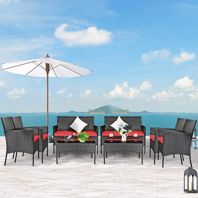 Tangkula 8 Piece Patio Furniture Set, Outdoor Wicker Conversation Set with Tempered Glass Coffee Table, Rattan Loveseat & Chairs Set with Seat Cushions for Backyard, Garden, Poolside (2, Red)