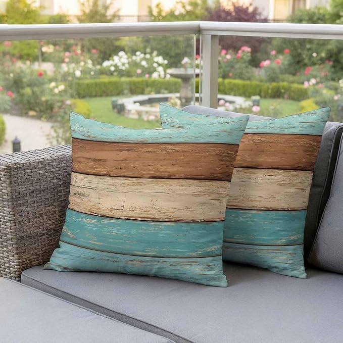 Farmhouse Aqua Brown Outdoor Waterproof Pillow Covers, Vintage Wooden Striped Decorative Square Throw Pillowcase Sofa Cushion Sham for Patio/Couch/Chair, 26"x26" 2 Pack