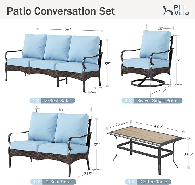 PHI VILLA Outdoor Modern Patio Furniture Set, Upgraded Wicker & Metal Patio Conversation Set with Waterproof Thick Cushions for Porch, Poolside, Yard (5 Pieces,Blue)