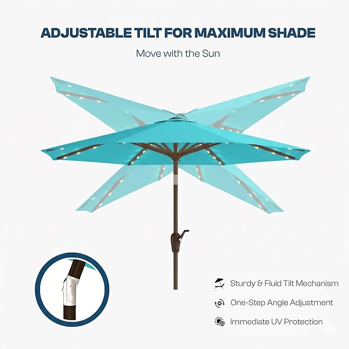 10FT Solar Patio Umbrella with Lights, Outdoor Table Market Umbrella with 32 LED Lights, 8 Sturdy Ribs, Push Button Tilt and Crank for Pool, Deck and Garden, UV-Resistant
