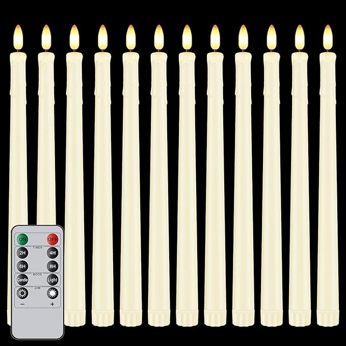 12 Pcs Flickering Flameless LED Taper Candles, 11" Long Fake Taper Candles Battery Operated with Remote Timer, Ivory Plastic Electric Dripping Candlesticks for Wedding Party Holiday